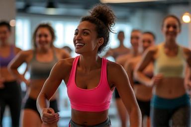 People participating in a lively group fitness class indoors